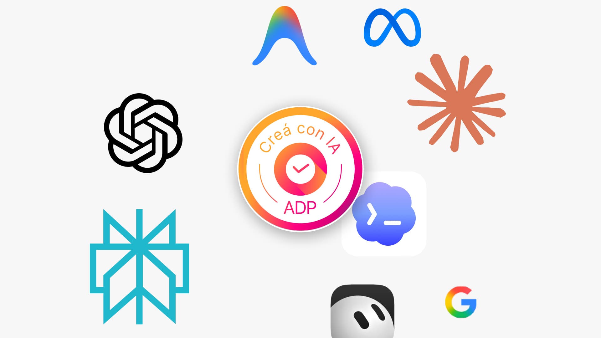 Insignia «Creá con IA · ADP» rodeada de logos de herramientas de IA